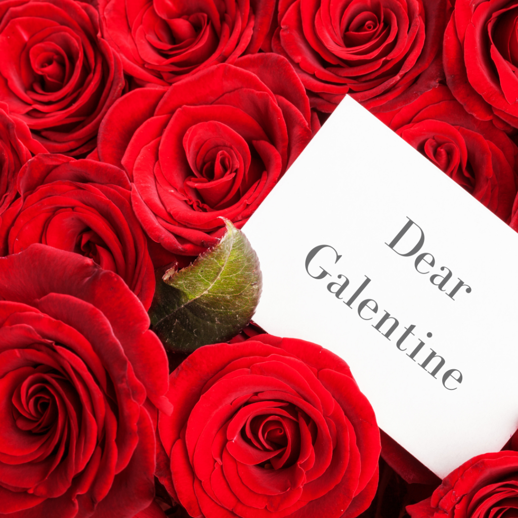 A bundle of red roses and a card that reads "Dear Galentine"