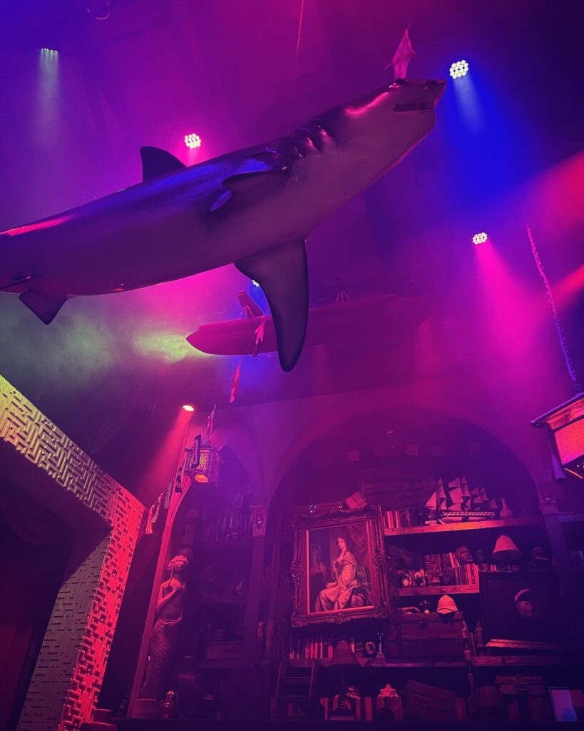 Inside of the Sorrow Drowner showcasing a shark hanging on the ceiling